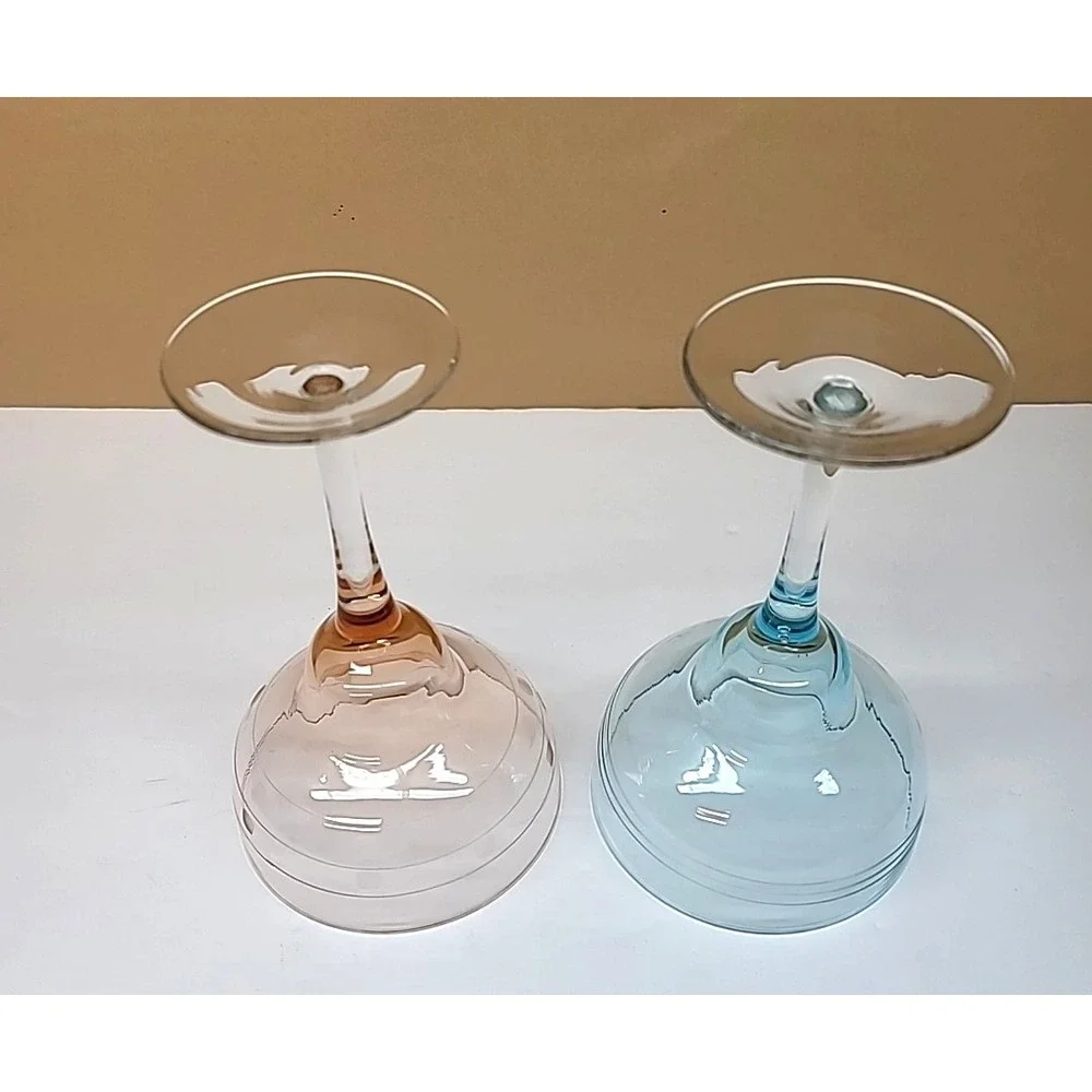 Vintage Set 2 Blue & Pink Etched Design Margarita Glasses  7